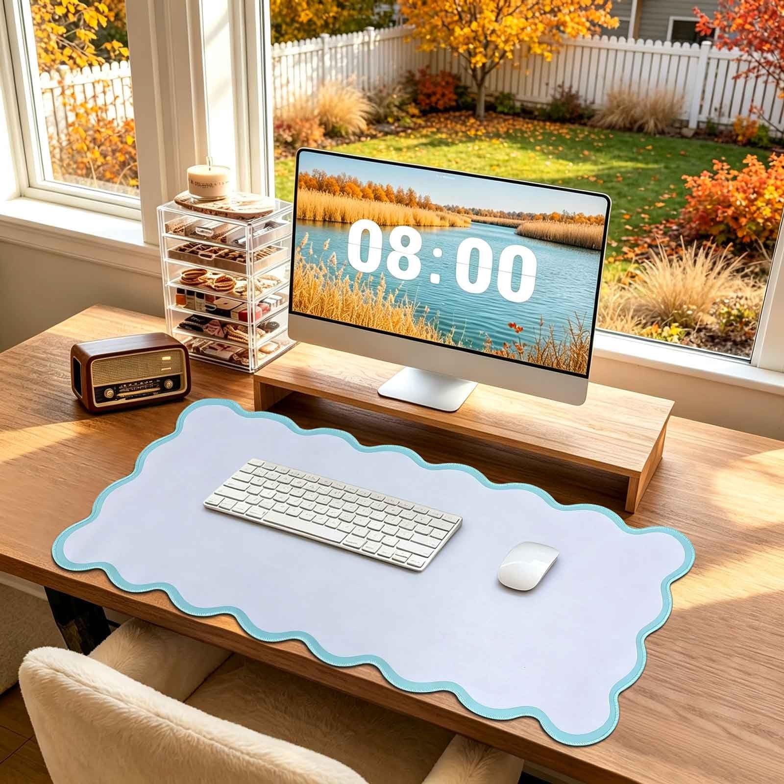 Teal Scalloped Desk Mat 31x15.7 Inch Large Keyboard Mouse Pad Gaming Decor