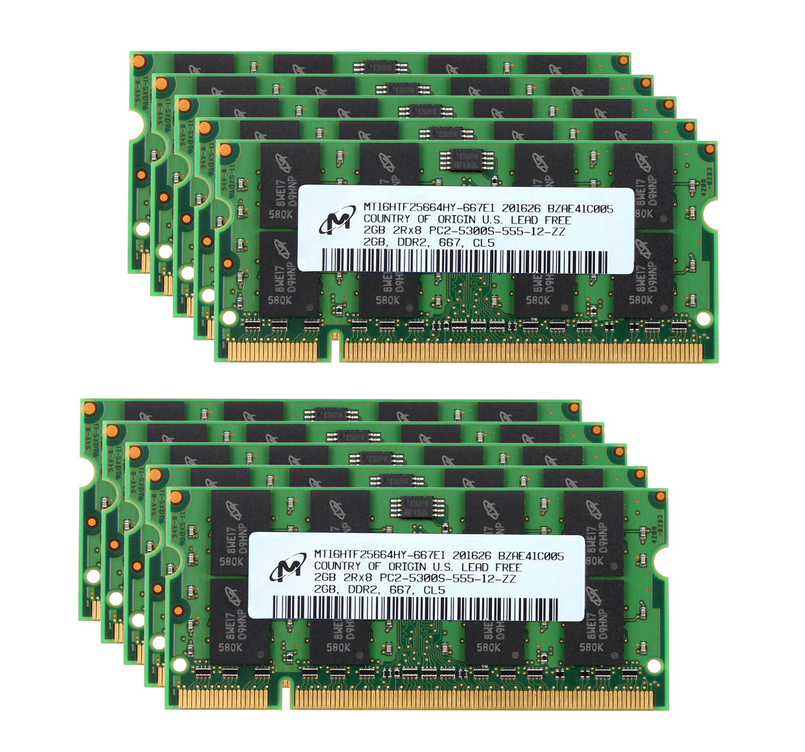 20GB Micron 10X 2GB DDR2 667MHz 2RX8 PC2-5300S 200PIN SO-DIMM Laptop Memory RAM