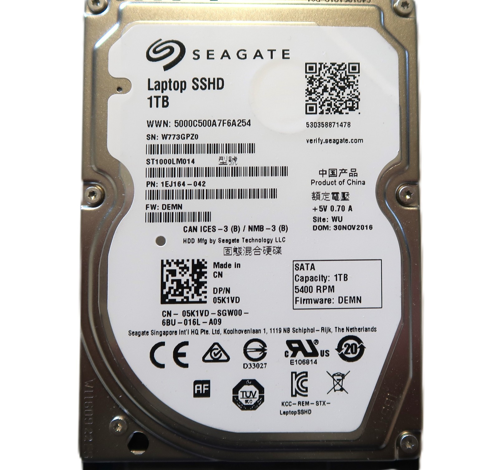 ST1000LM014 PN: 1EJ164-042 FW:DEMN (W77) Site:WU China 1TB 2.5" Sata HDD 11/2016