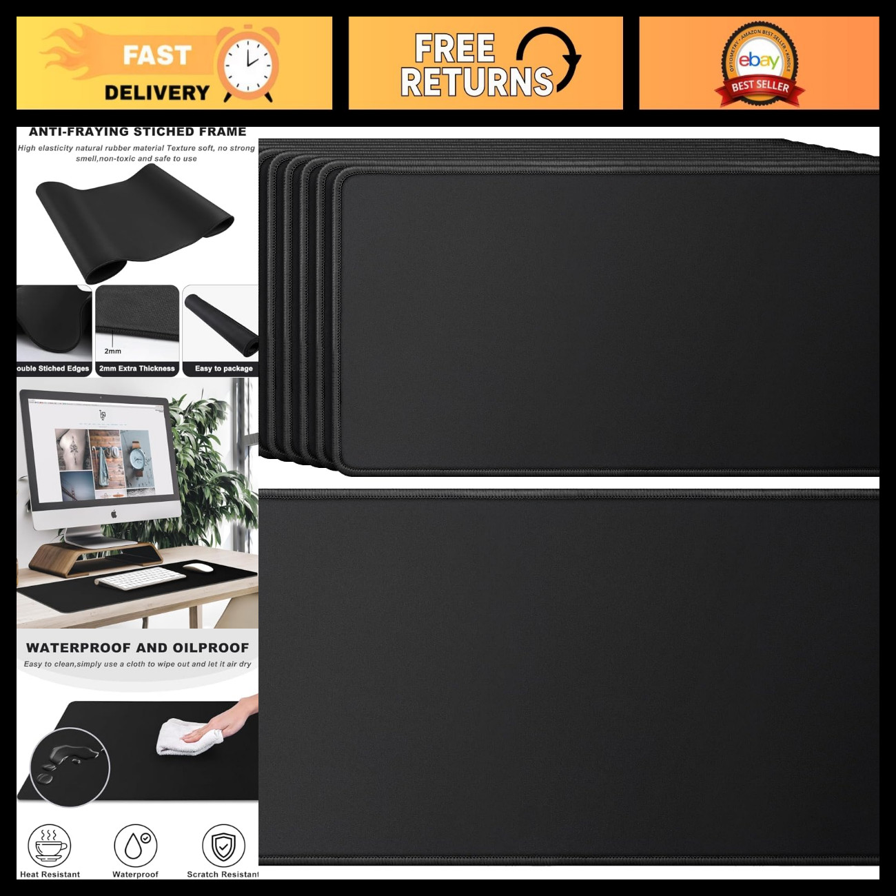 10 Pack Waterproof Desk Pad 31.5" x 15.7" - Non-Slip, Durable Fabric, Black