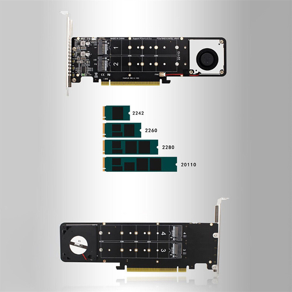 4 x 32Gbps Pcie 4.0 to M.2 M-key NVMEx4SSD RAID Expansion Card Adapter 225x70mm