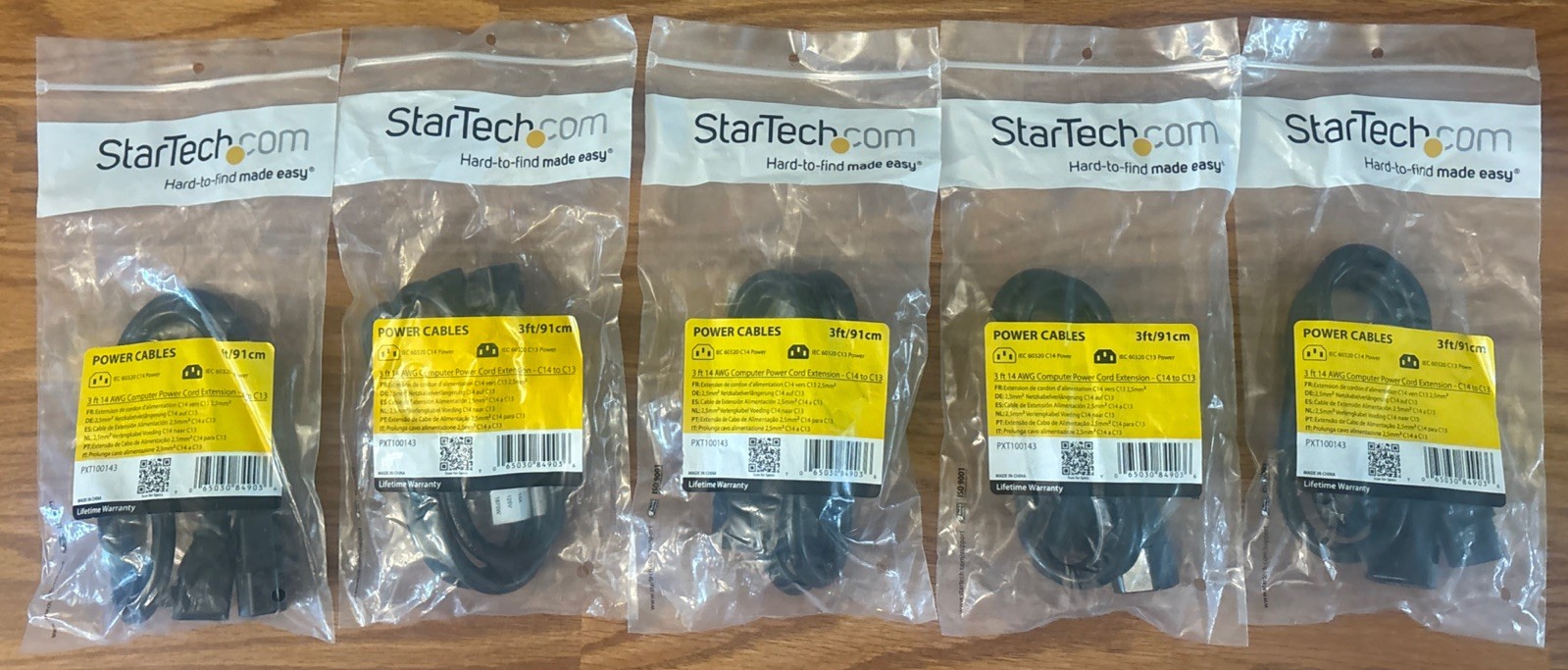 5PC StarTech.com AC Power Cord Extension IEC 60320 C14 to C13 14AWG 15A 125V 3ft