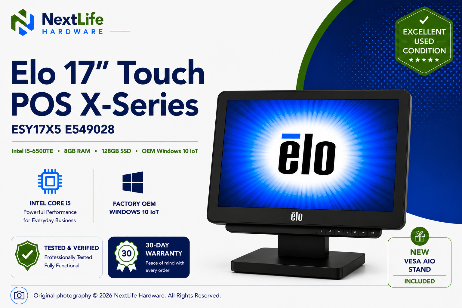 Elo 17" Touch POS X-Series ESY17X5 E549028 i5-6500TE 8GB 128GB SSD Win10 IoT AIO