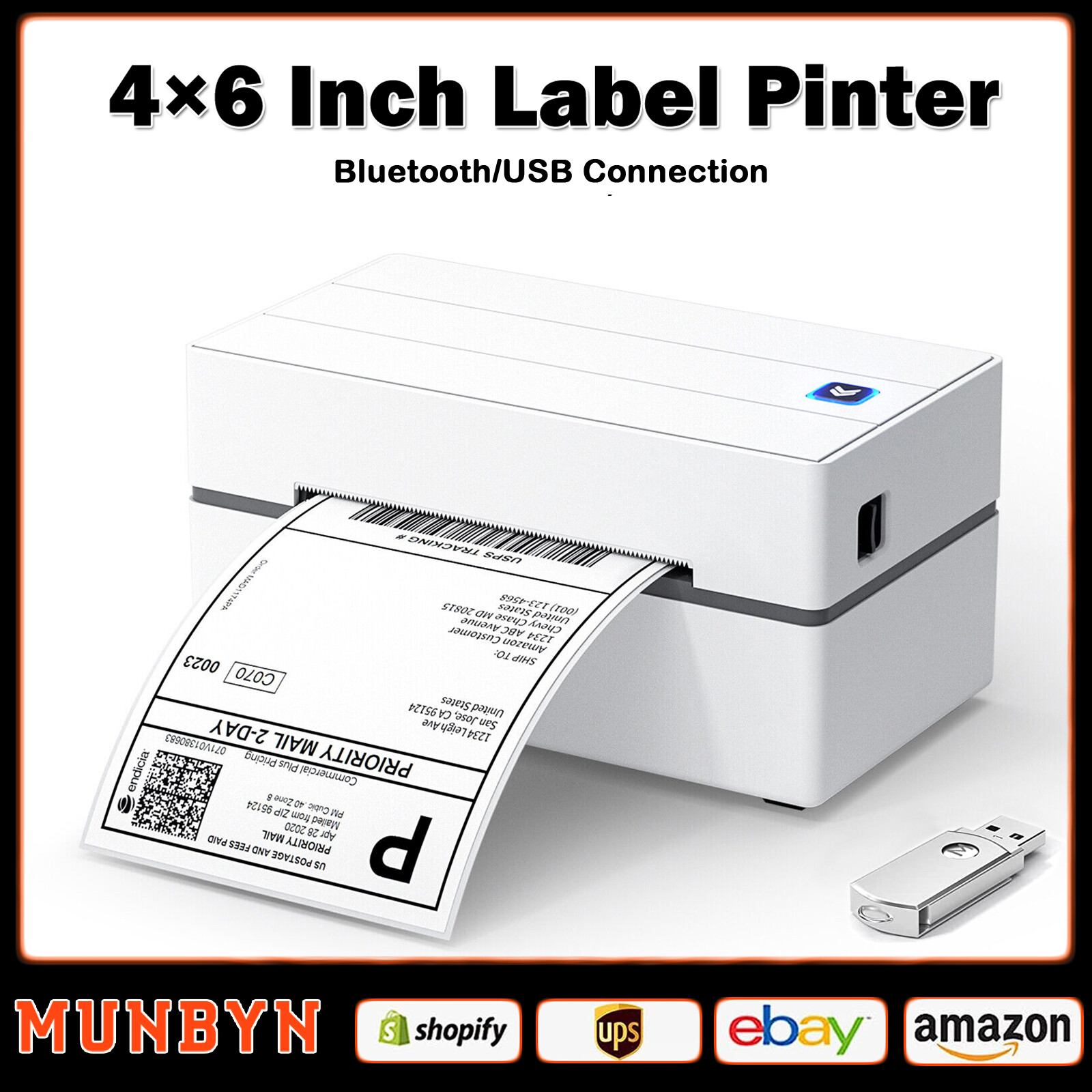 MUNBYN Thermal Printer 4x6 Bluetooth Shipping Label Printer for Android iOS PC