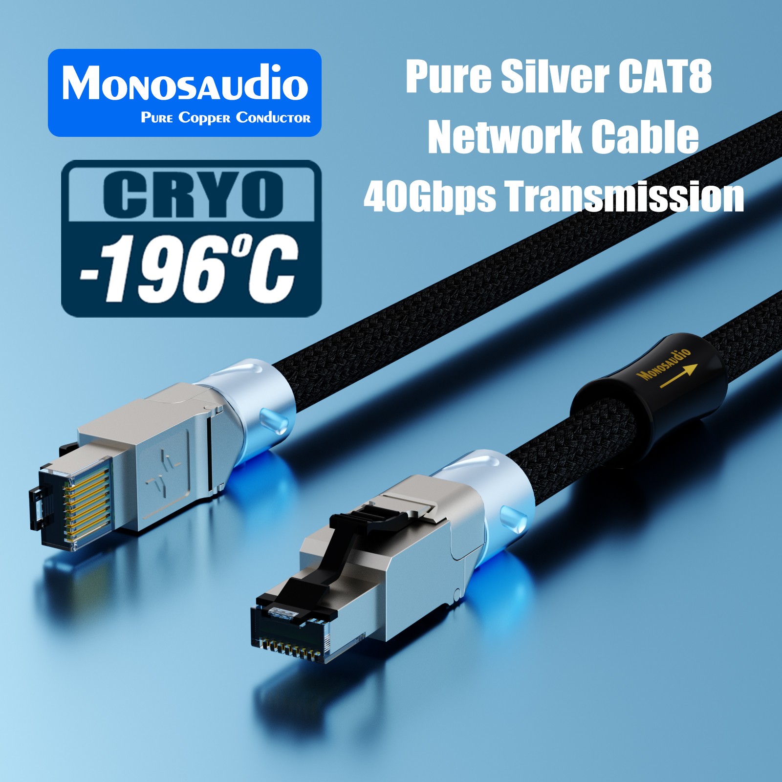 CAT8-40Gbps Premium Pure Solid Silver Network Cable for Home/Studio Black Braide