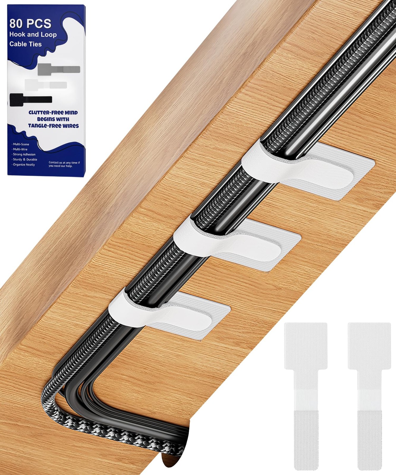 80PCS Hook and Loop Cable Ties, Under Desk Cable Management