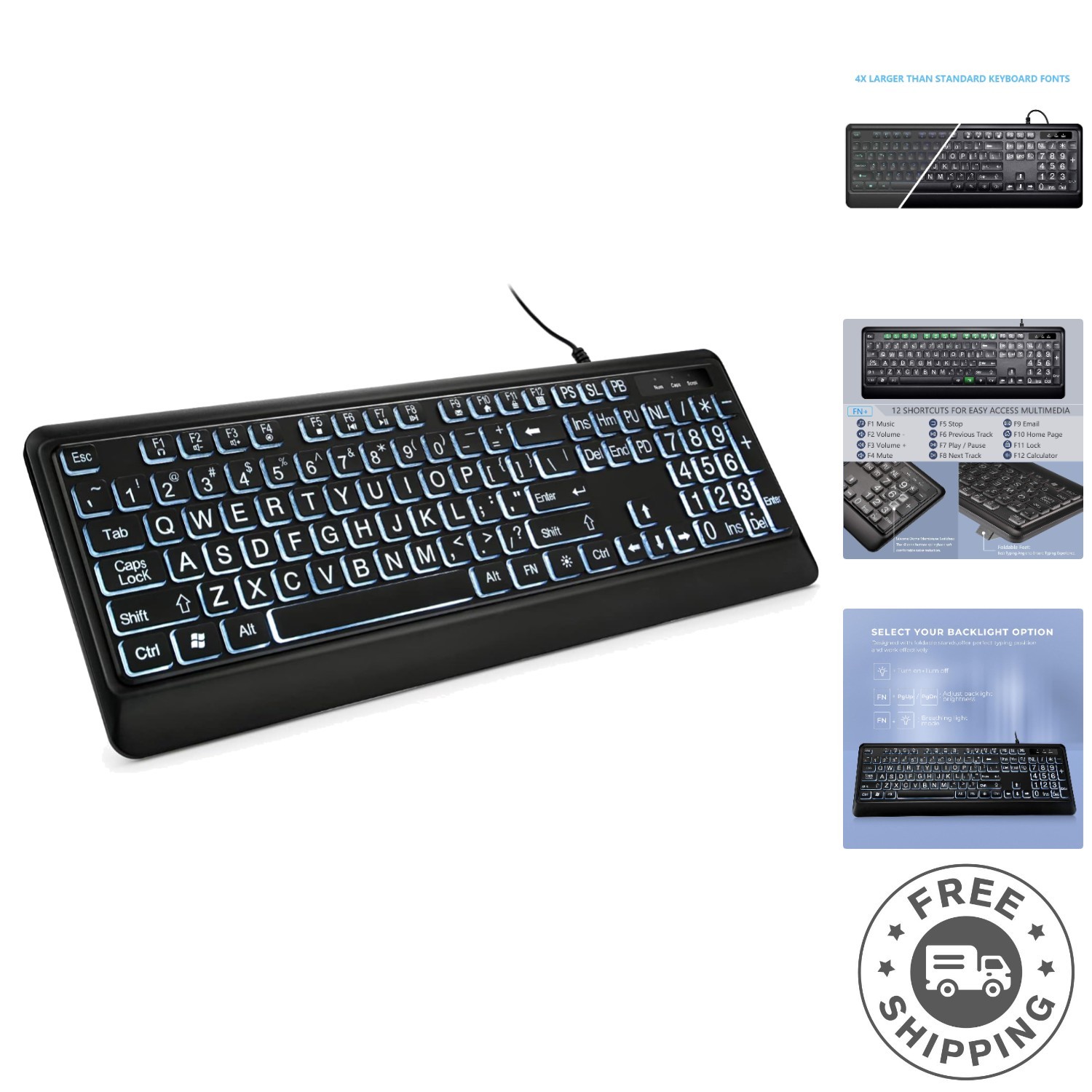 Large Print Waterproof Ergonomic Keyboard - USB Wired for Enhanced Comfort