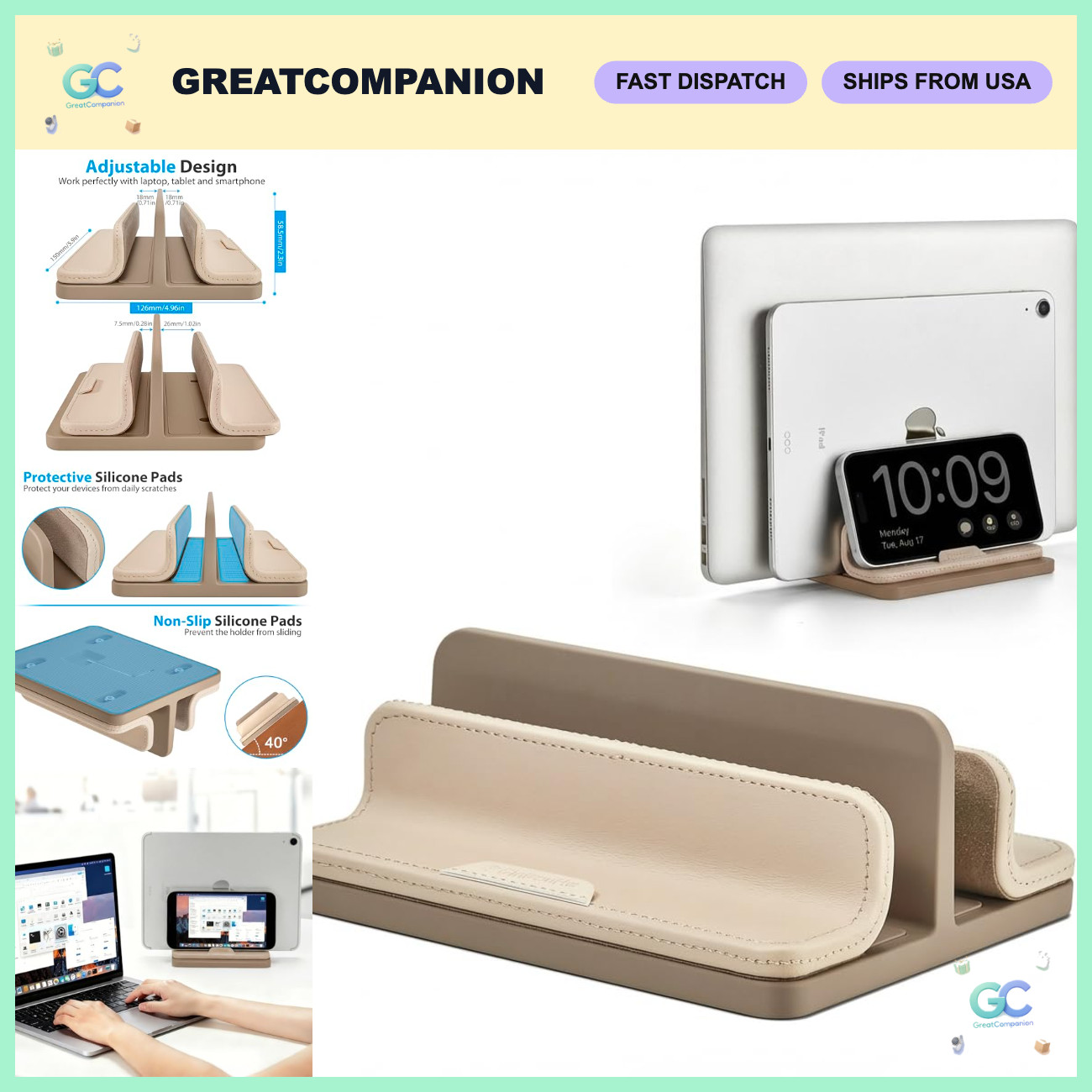 Adjustable Dual Vertical Laptop Stand, 3-in-1 Desktop Holder for 17.3'' Devices,