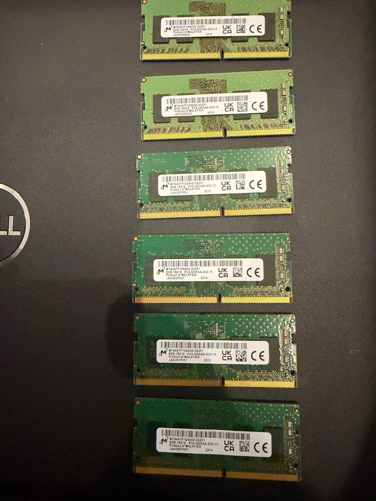 Lot of 6 Micron 8 GB DDR4-3200 MHz PC4-3200AA 260-Pin SO-DIMM Non-ECC RAMs