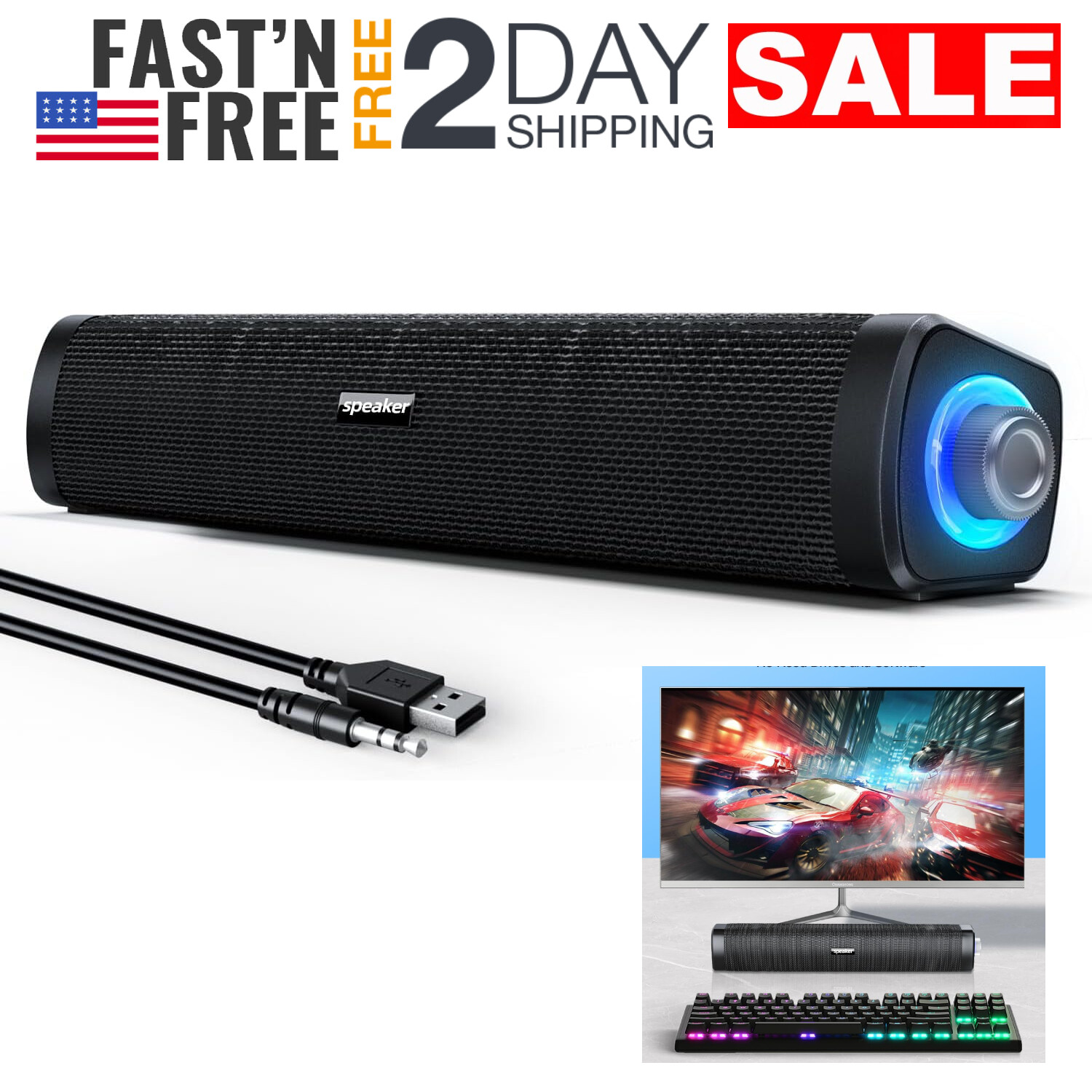 USB Barra De Sonido Con Luz LED Para PC Equipo Casa Bocinas Altavoces Parlantes