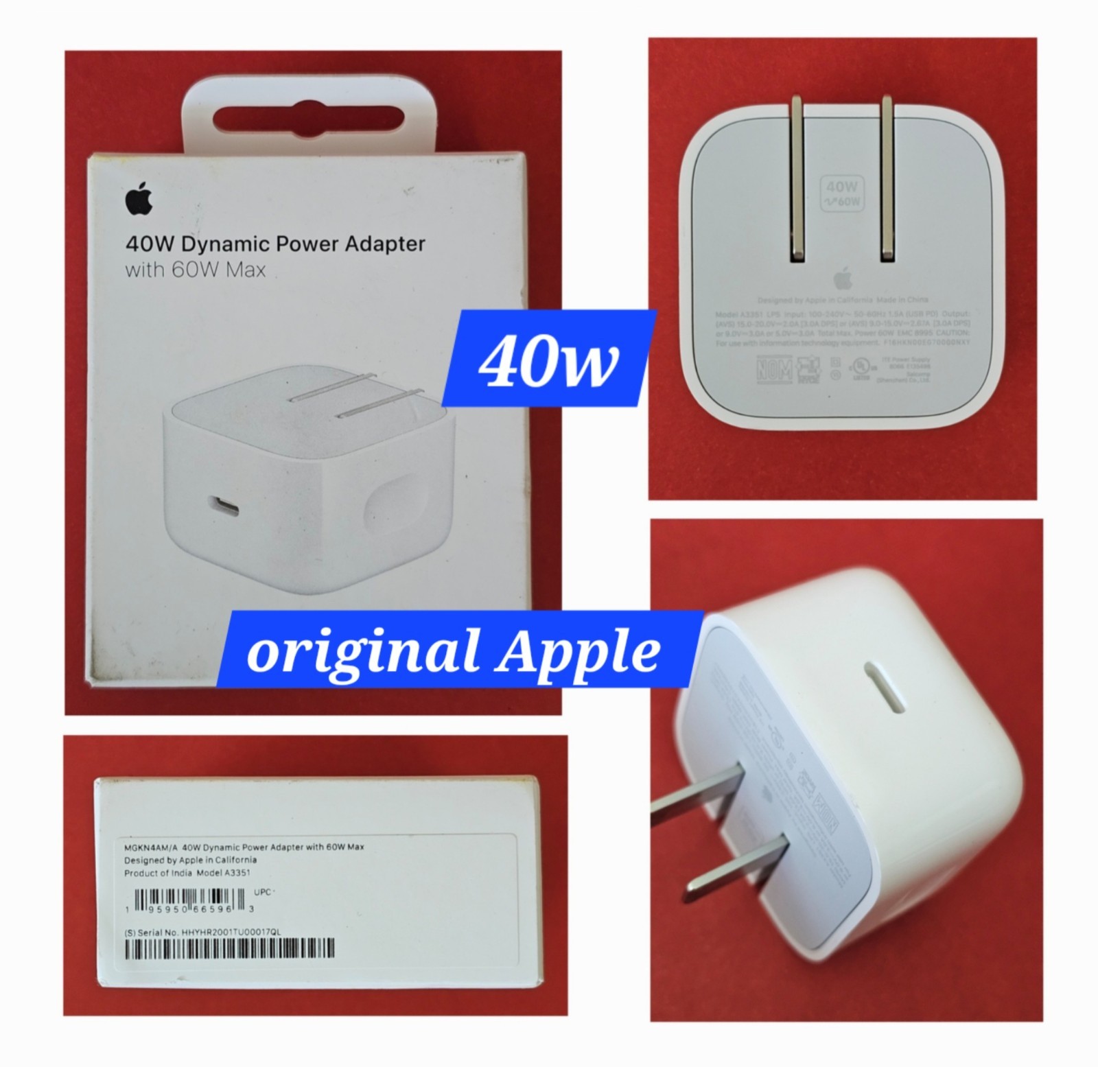 Genuine Apple 40W Dynamic Power Adapter 60W Max MGKN4AM/A A3351