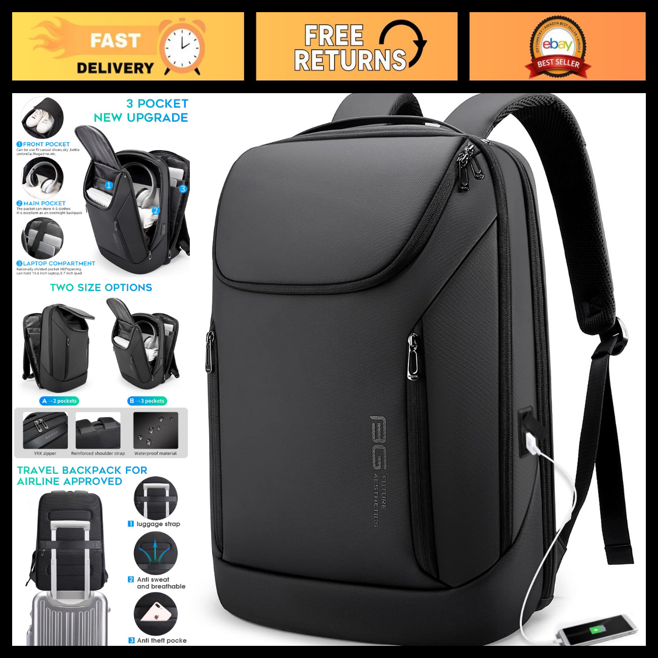 Waterproof Business Backpack for 15.6" Laptop, USB Charging Port, Travel Durable