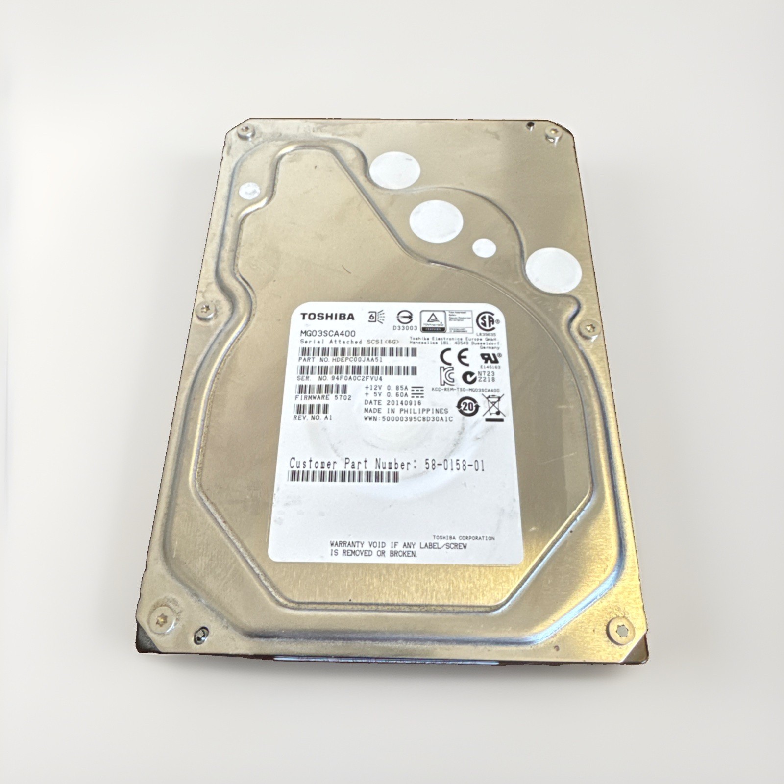 Toshiba MG03SCA400 4TB 7200 64MB Cache SAS 6Gb/s 3.5" Part No. HDEPC00JAA51