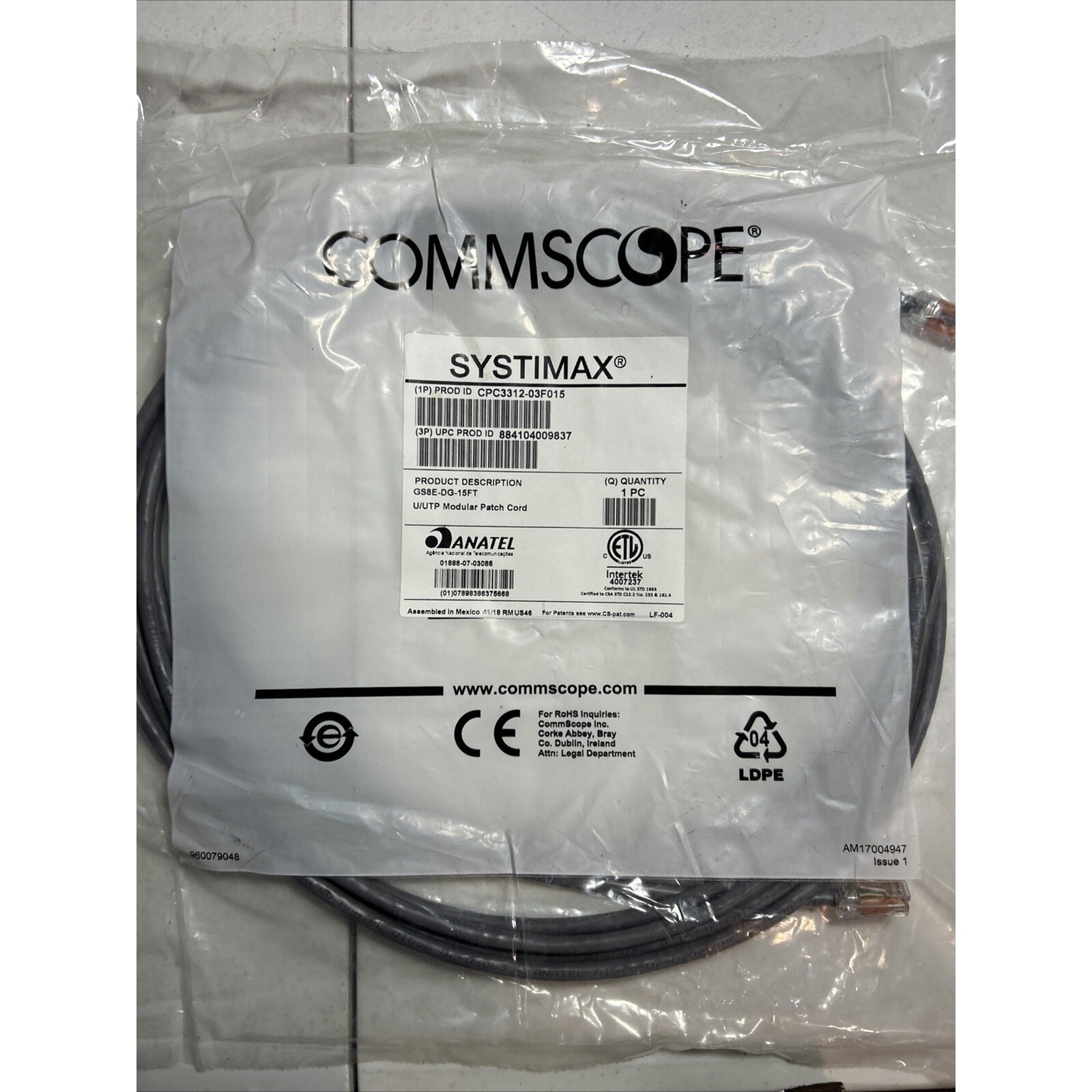 Modular Patch Cord :Commscope Systimax U/UTP 15feet CPC3312-03F015
