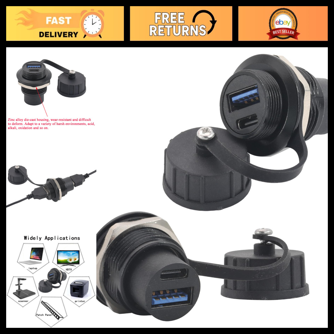 2PCS Dual Port USB-C 3.1 & USB 3.0 Female Connector Adapter - Fast Data Transfer