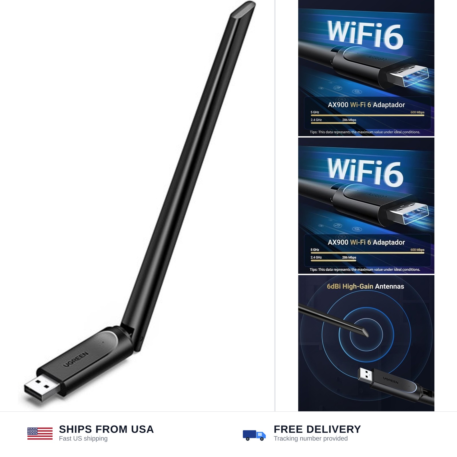 UGREEN WiFi Adapter for Desktop PC, AX900 USB WiFi 6 Adapter