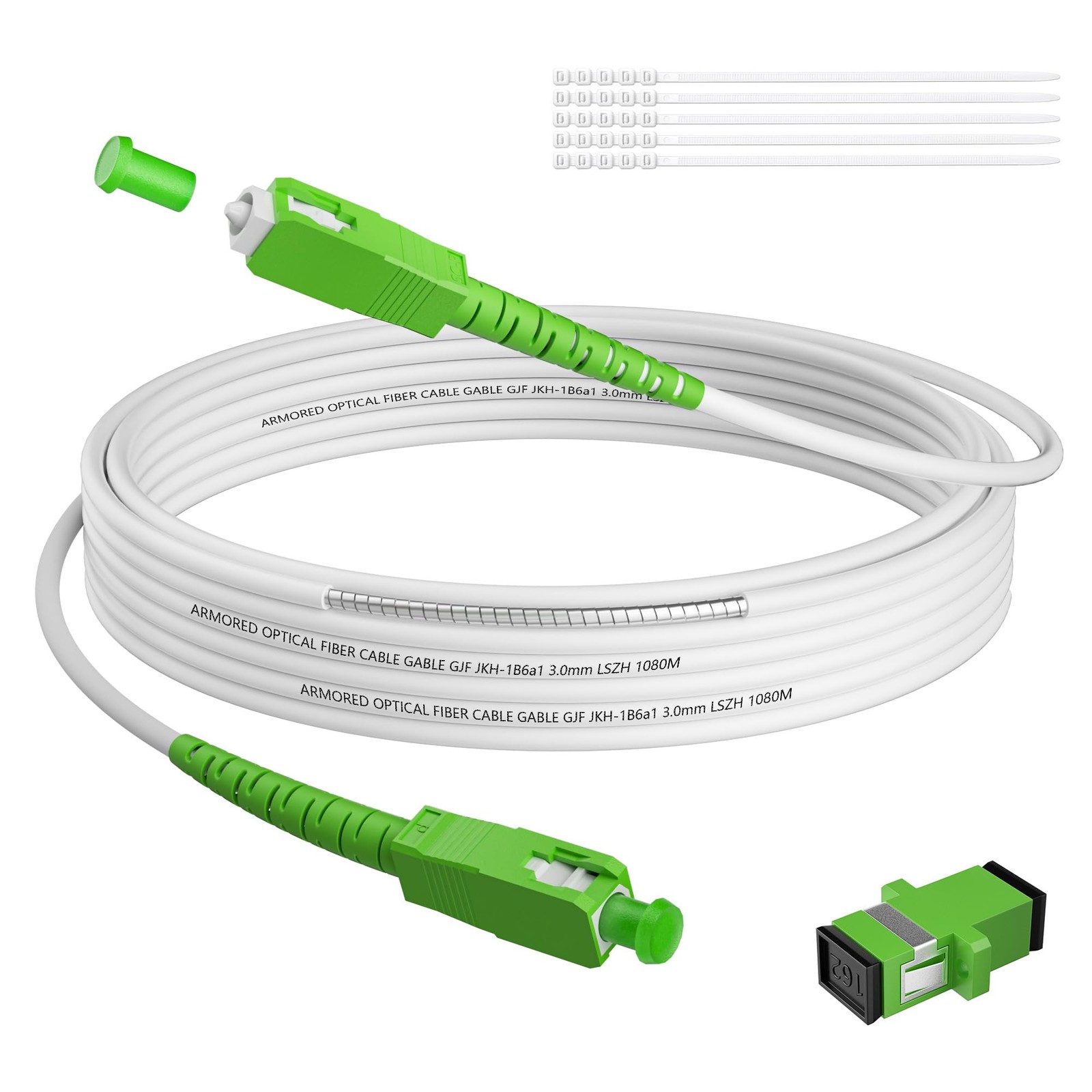 Armored SC/APC to SC/APC Single Mode Simplex Fiber Cable 100 FT with Coupler