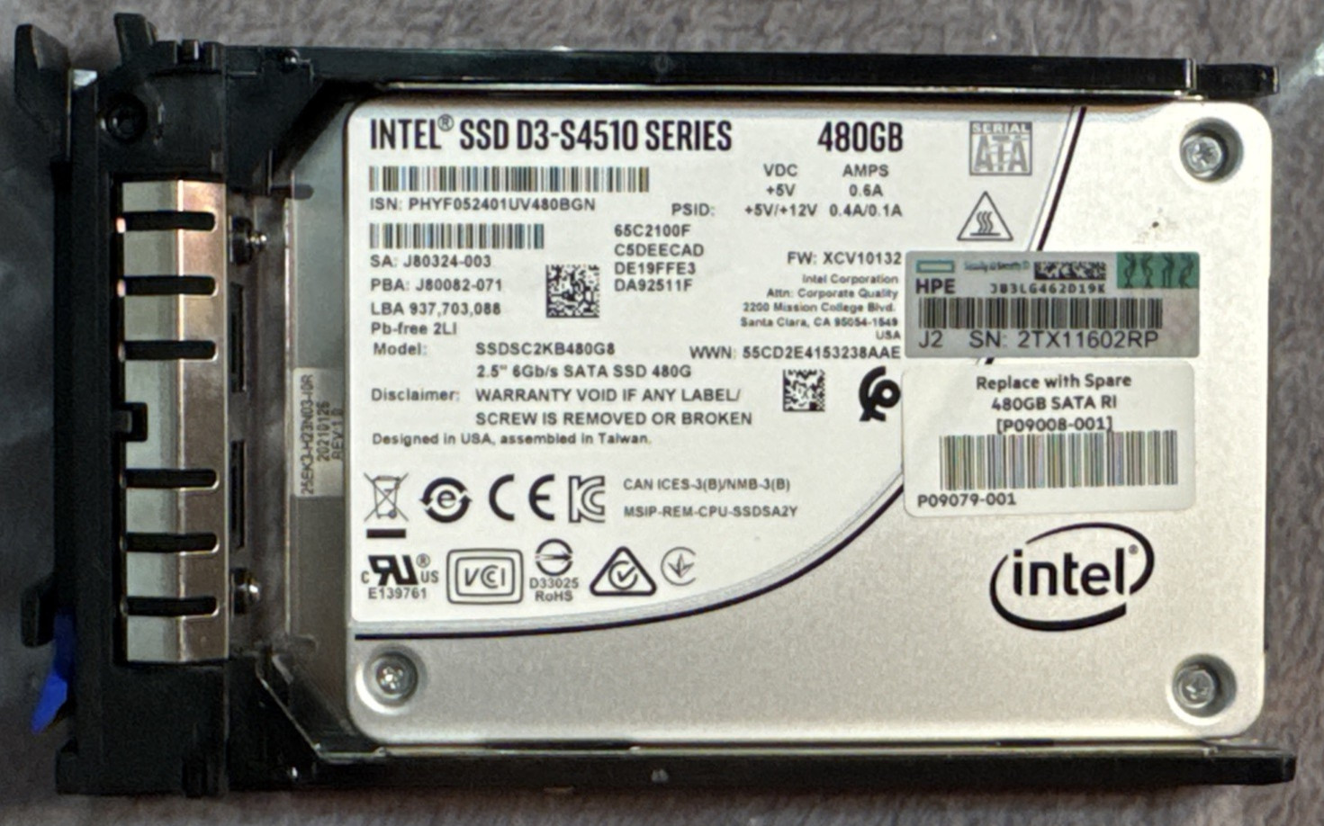 SSDSC2KB480G8 Intel 480GB 2.5″ SATA 6G SSD D3 S4510, HPE P09008-001, 95%+ Health