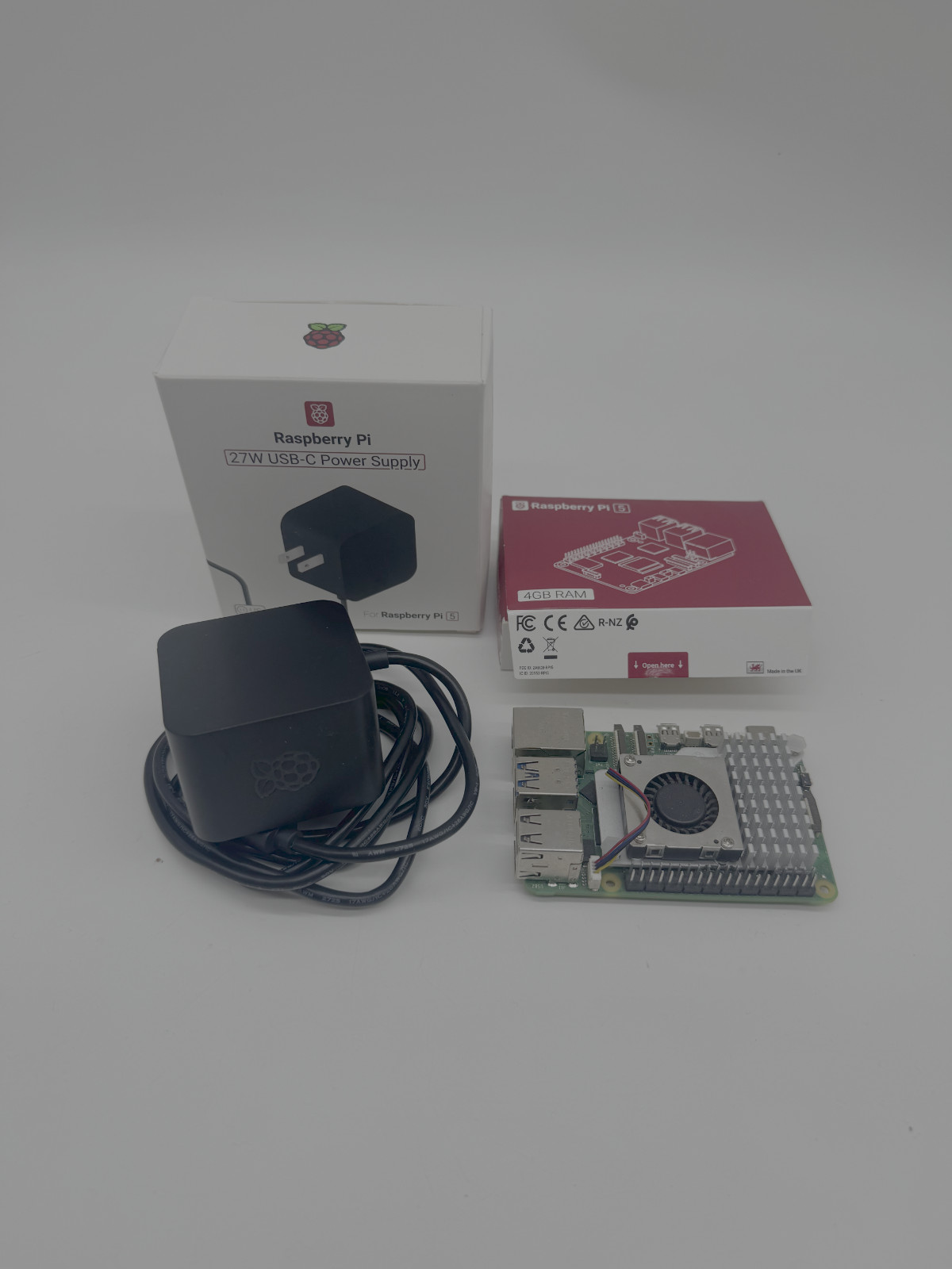 Raspberry Pi 5 4GB RAM Kit w/ Active Cooler + Official 27W USB-C Power Supply