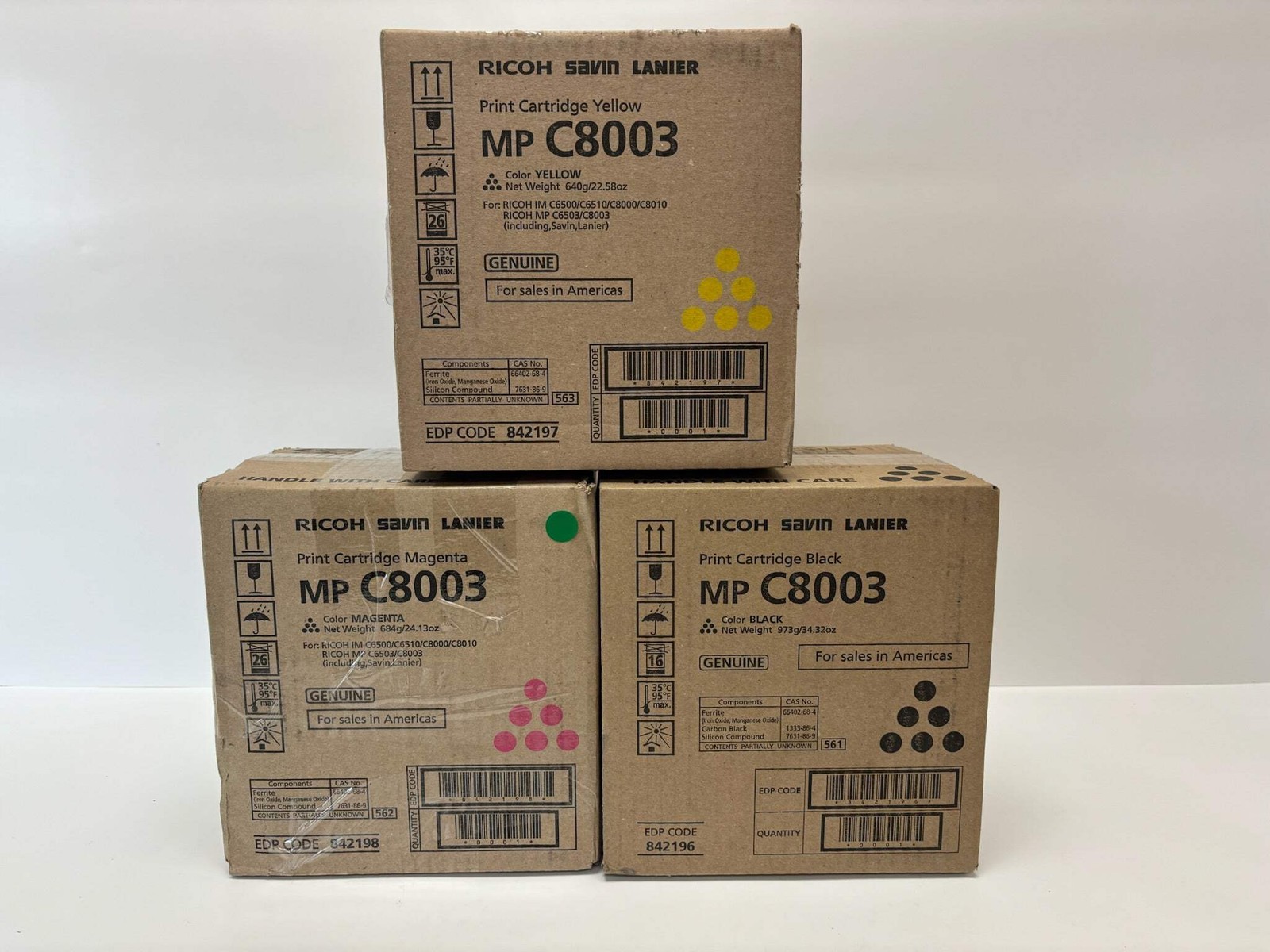 3 Genuine Ricoh MP C8003 Magenta, Yellow & Black Toners 842196, 842197, 842198