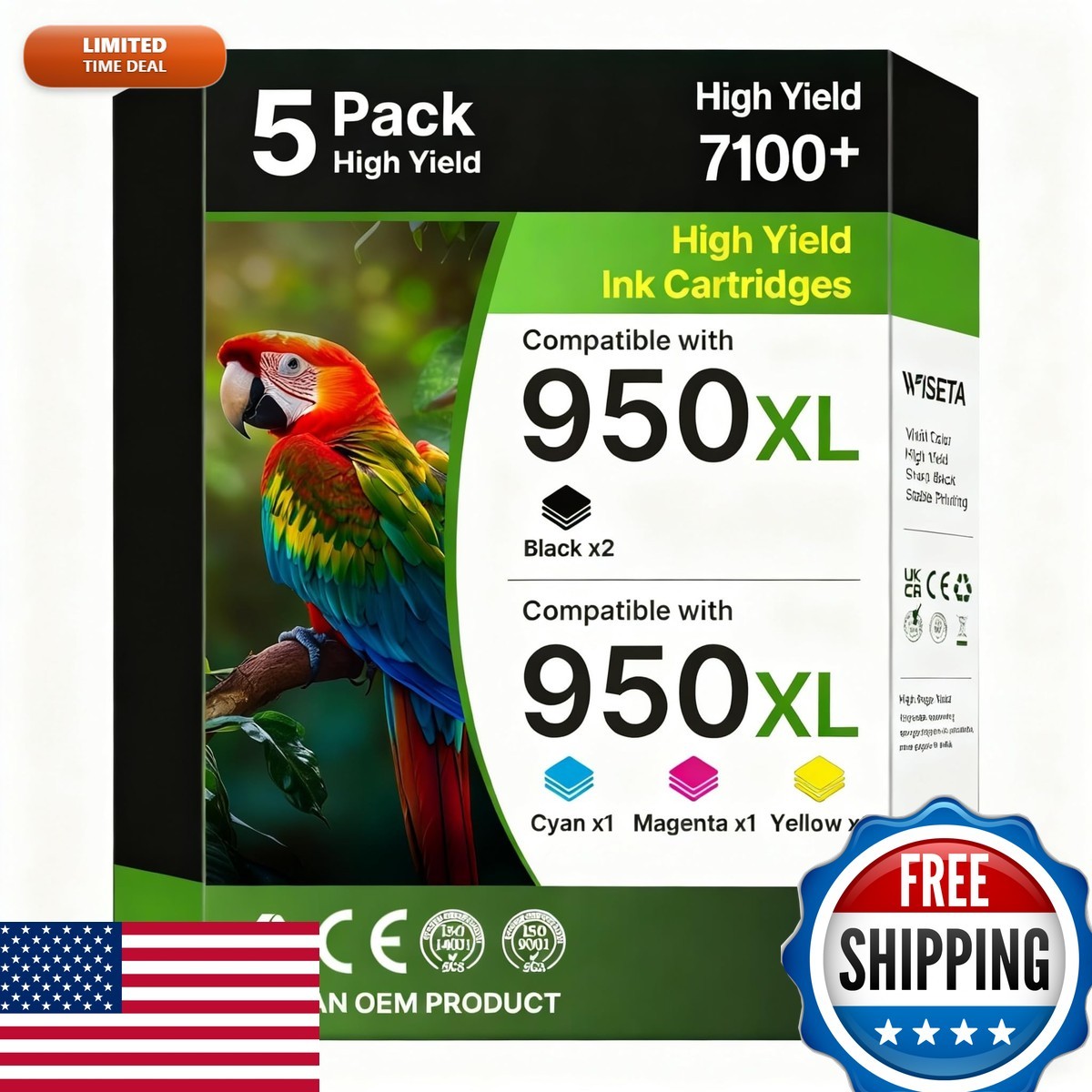 Wiseta 950XL 951XL Ink Cartridges 5-Pack 2 Black Cyan Magenta Yellow for HP