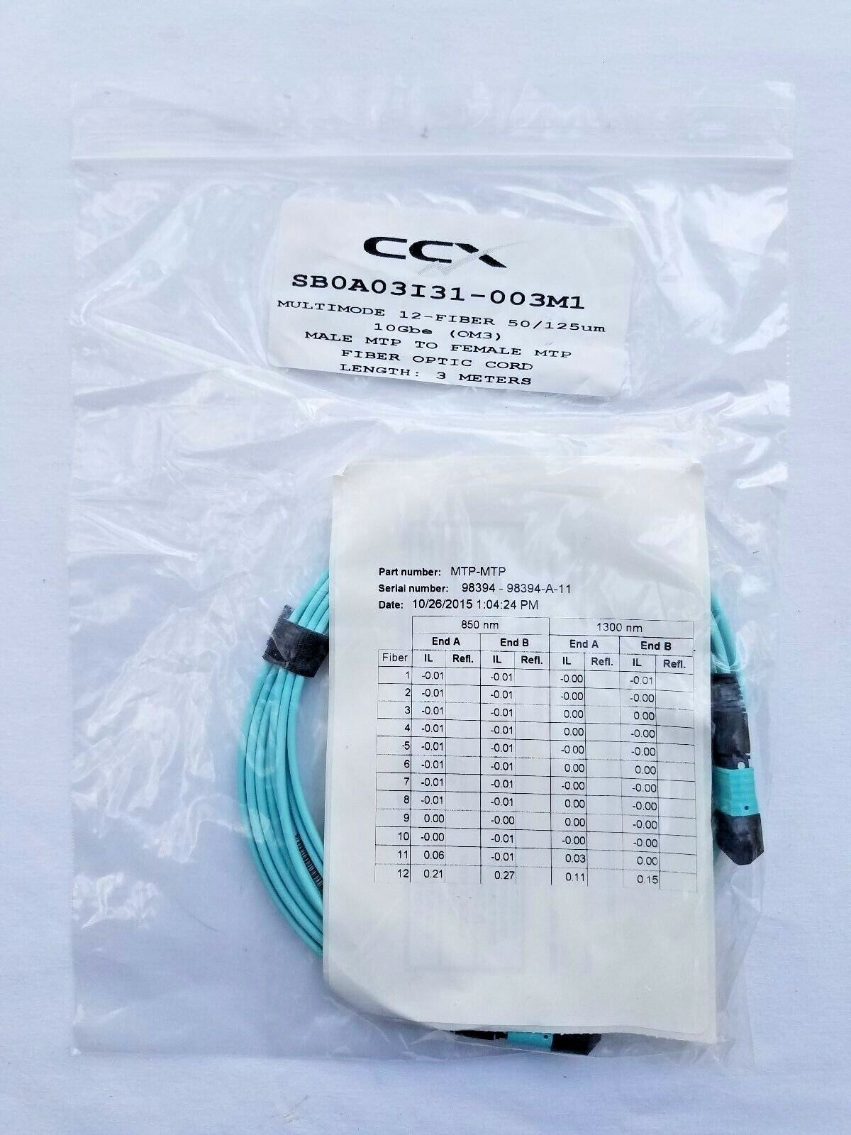 Male MTP to Female MTP CCX 12-Fiber MM 50/125um 10-GIG (OM3) - 3 Meters