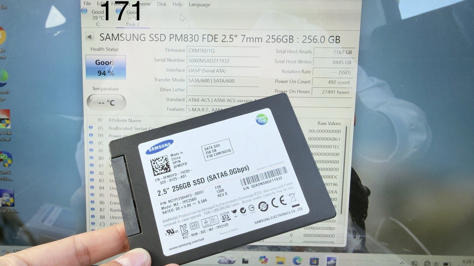 Samsung PM830 MZ-7PC256D 256GB 2.5" SATA III Internal SSD Health Good 94%