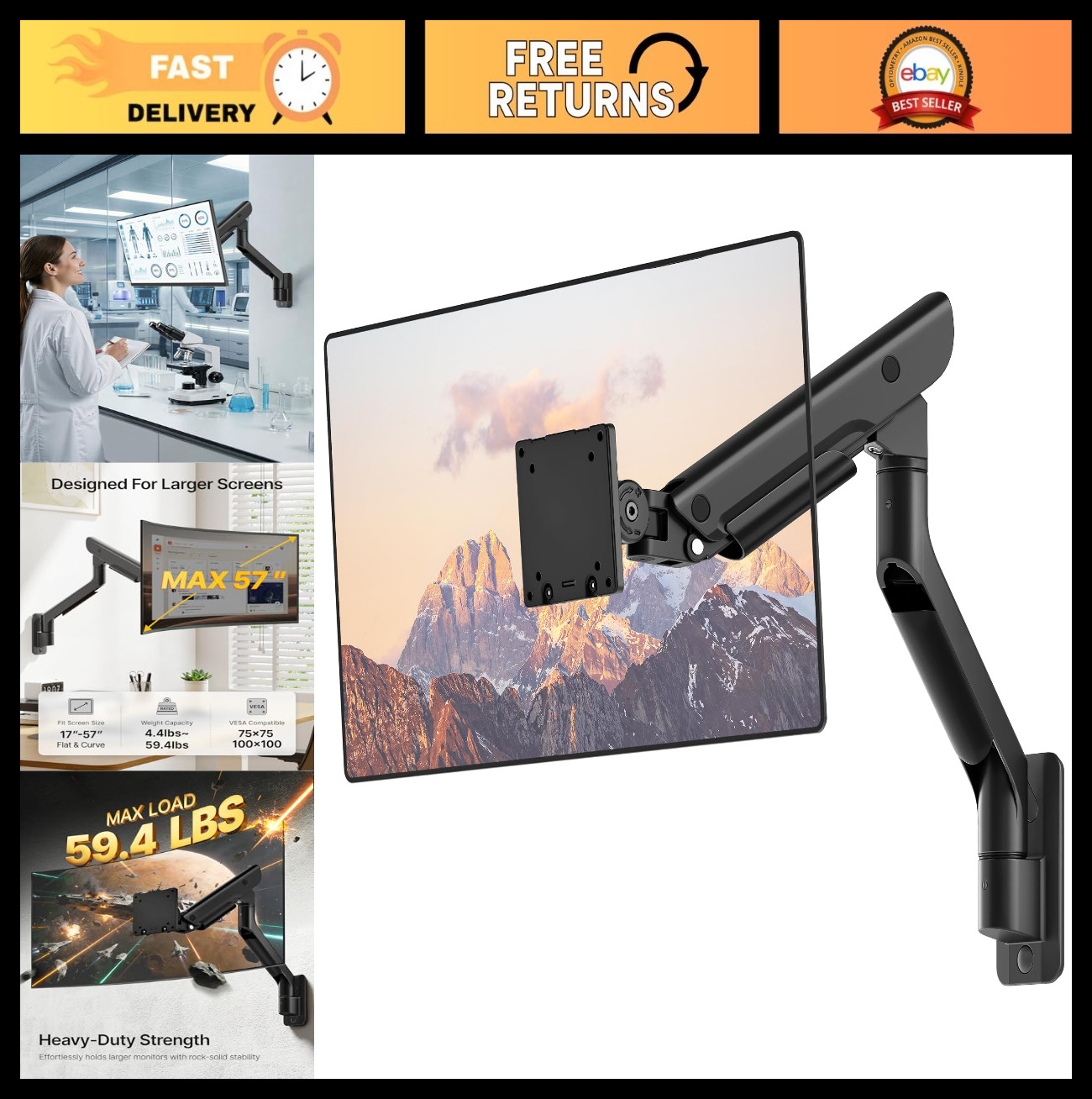 Heavy-Duty Single Monitor Wall Mount for 17-57” Ultrawide Screens, Full Motion A