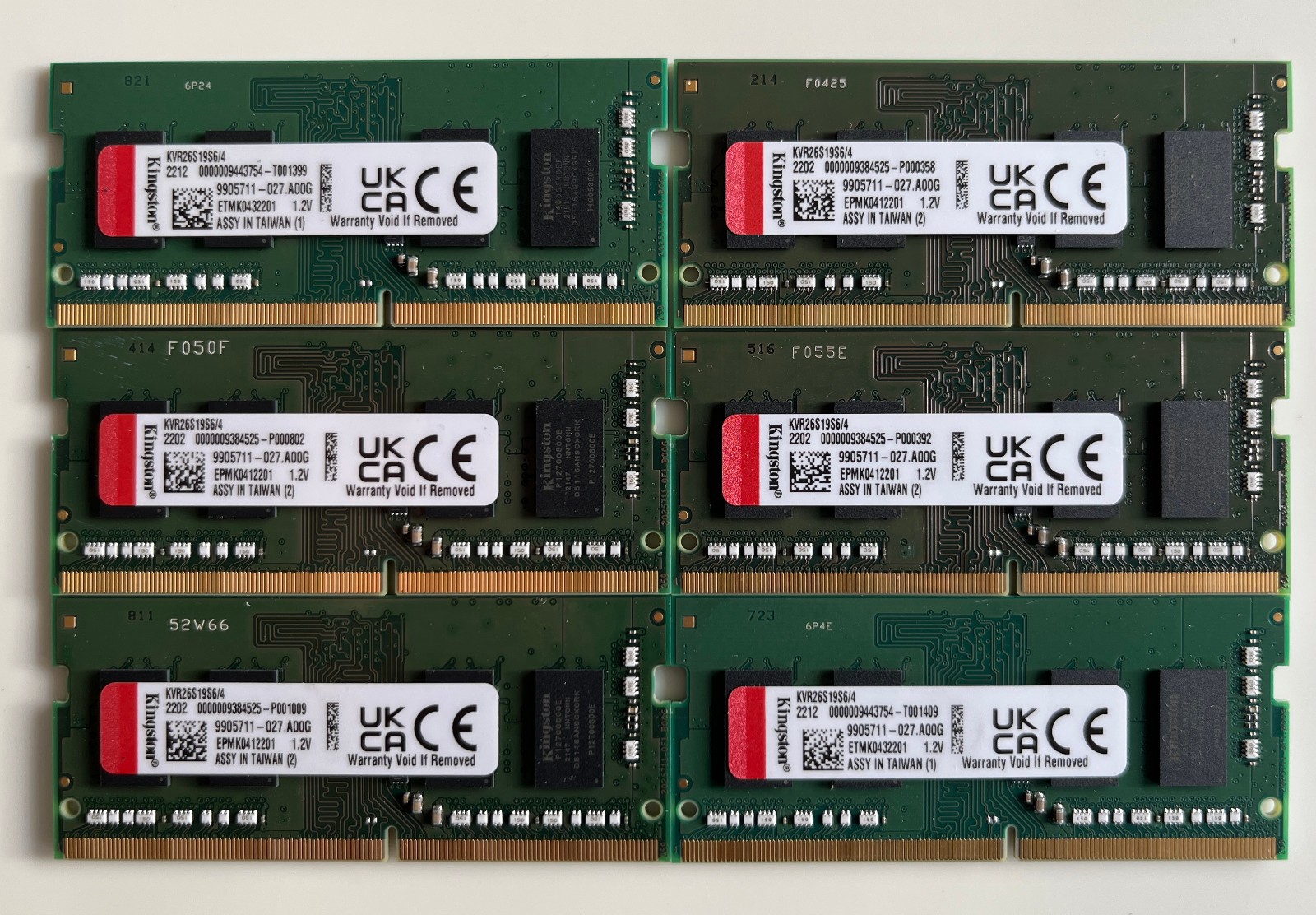 Lot of 6 - Kingston 4GB DDR4-2666MHz SODIMM RAM KVR26S19S6/4 (24GB total)
