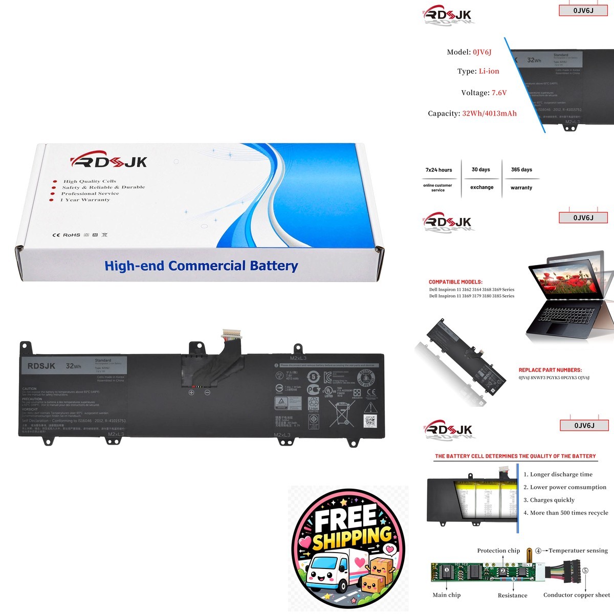 RDSJ 0JV6J Laptop Battery for Dell Inspiron 11 3000 Series 7.6V 32Wh