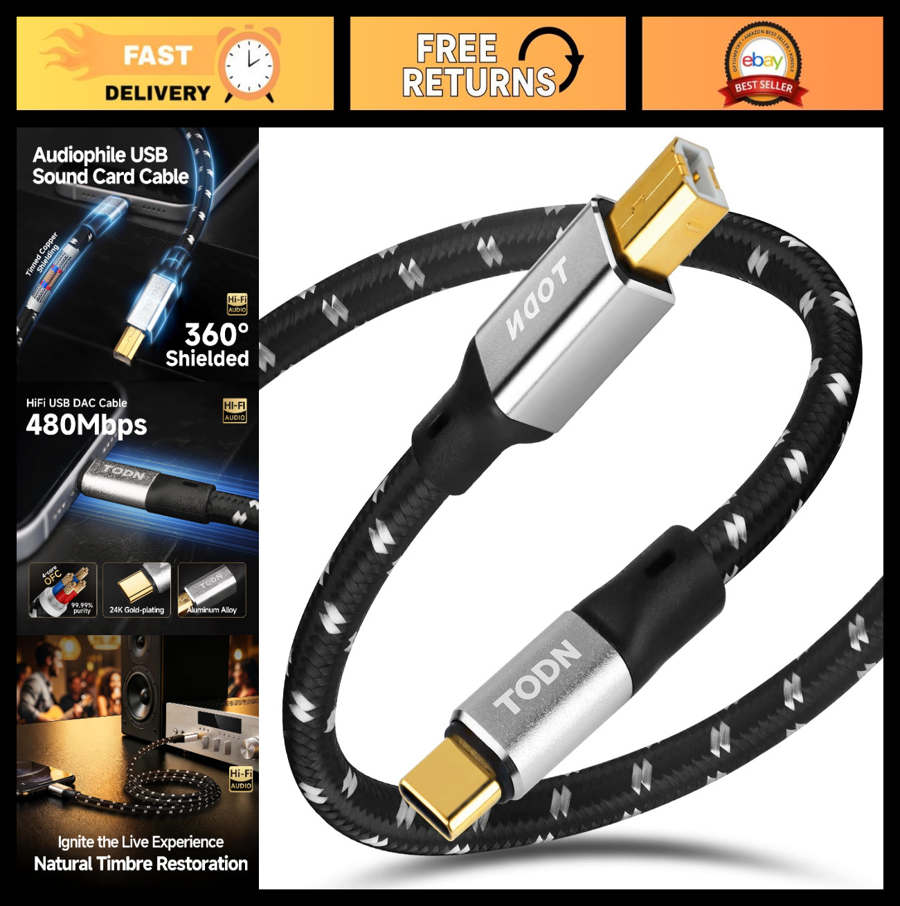 HiFi USB 2.0 B to USB C Cable, OFC Core, 6.5ft Printer Cable for DAC/Sound Card