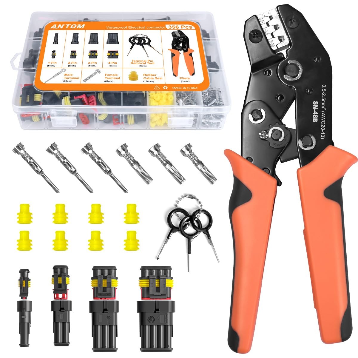 Waterproof 1/2/3/4 Pin Connectors 356pcs Ratchet Crimper Tool Electrical Set