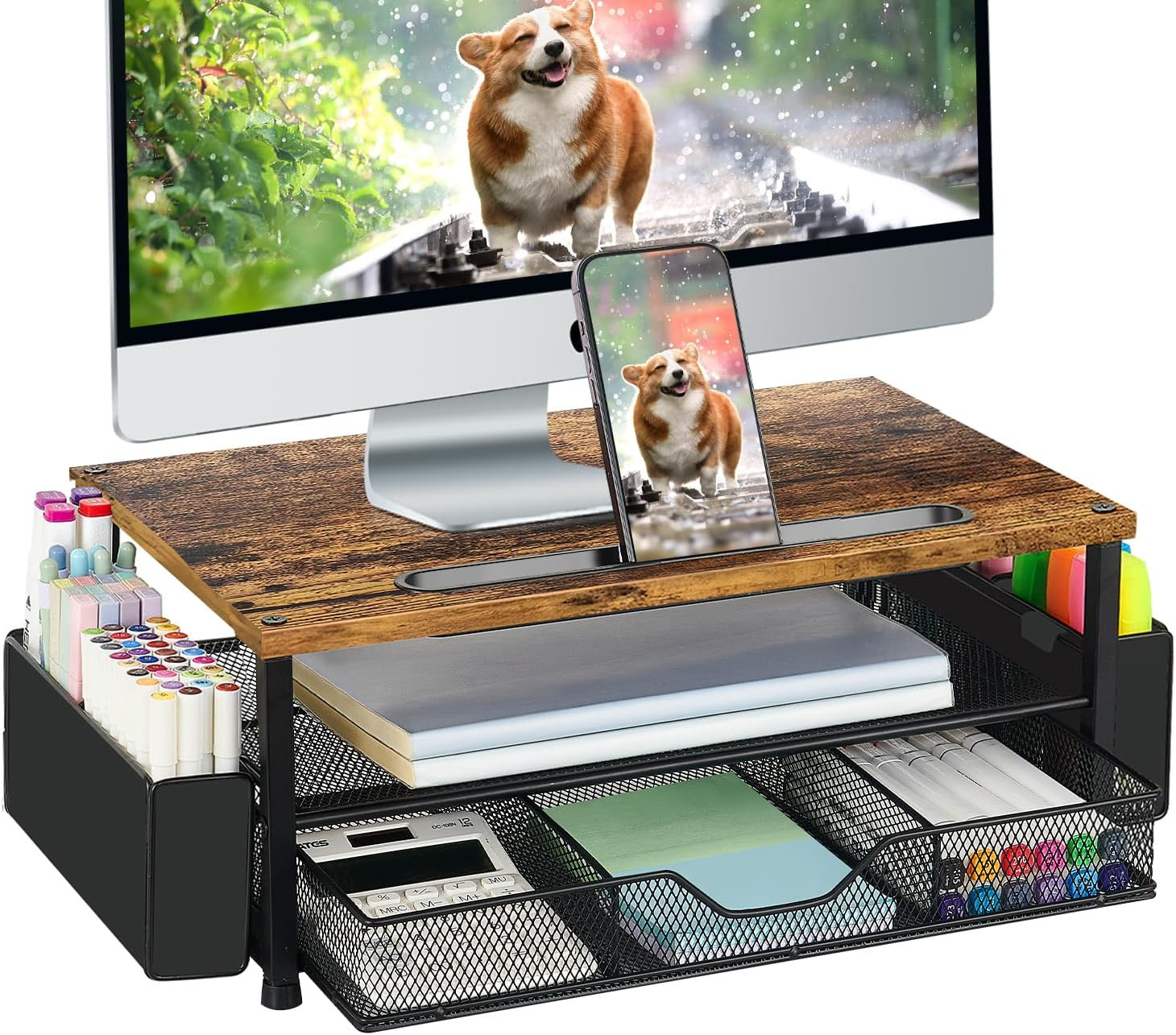 2-Tier Wood Monitor Stand Riser with Drawer, Pen Holder & Phone Slot