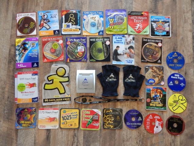 Vintage AOL America Online: 28 Promo Discs, 2 Pins, Gloves, OKC Anniv Calculator