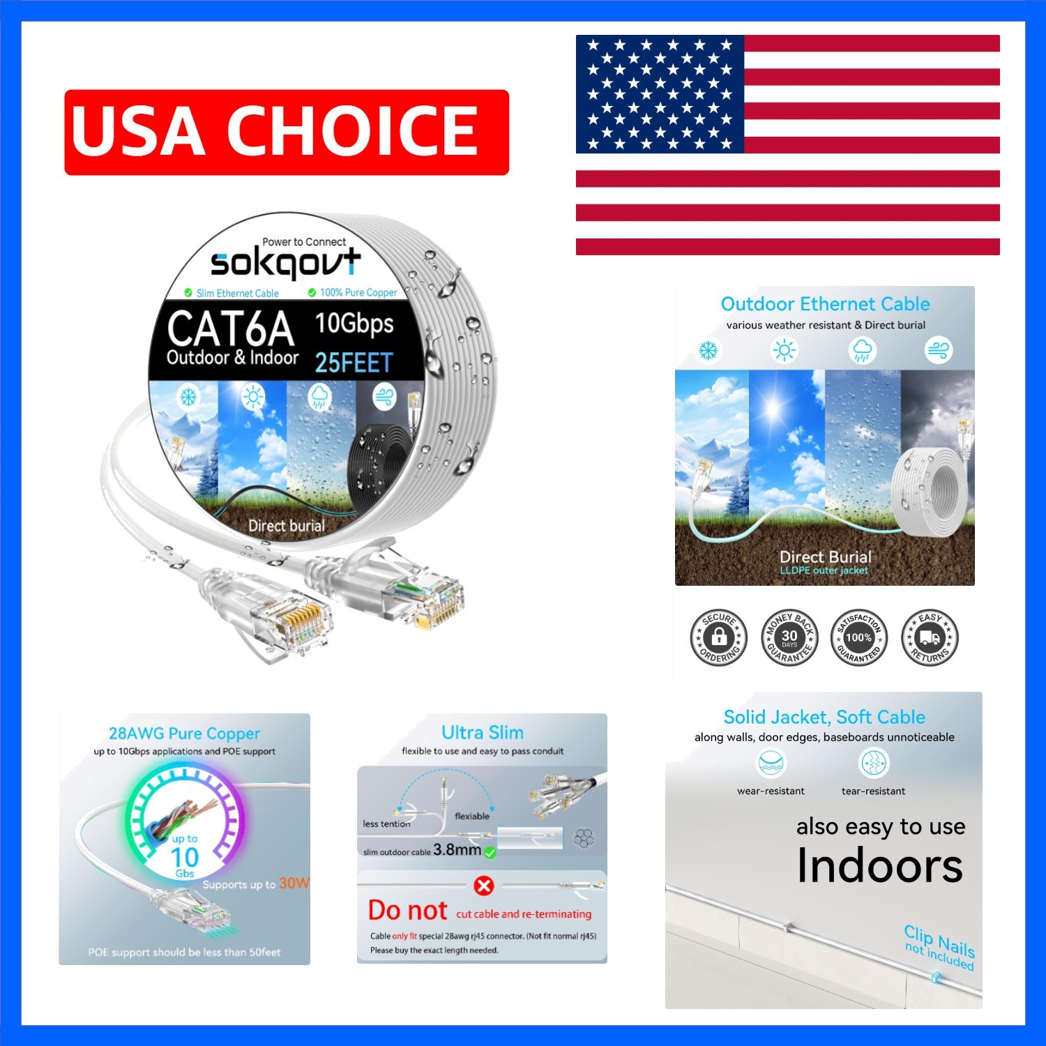 Durable 25ft Cat6a Ethernet Cable - Slim, Weather-Resistant for Indoor & Outdoor