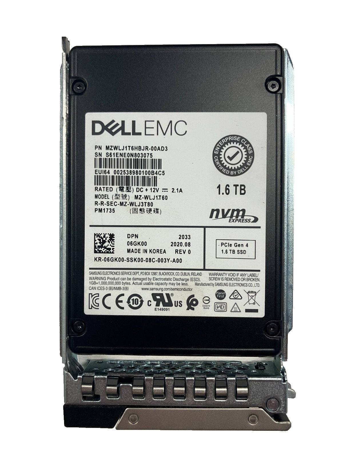 HPE MZ-WLJ1T60 SSD 1.6TB NVMe 06GK00 MZWLJ1T6HBJR-00AD3 2.5" 512 b/s