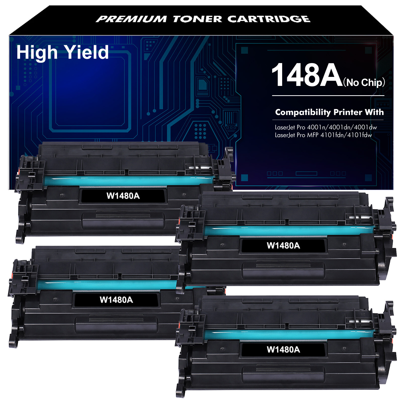 4PCS 148A Toner(No Chip) fit for HP LaserJet Pro 4001n/dn/dw 4101fdn/fdw, W1480A