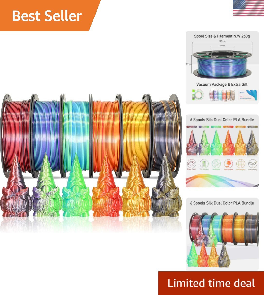 6 Spools Bicolor Dual Color 1.75mm Silk PLA Filament Bundle for 3D Printing