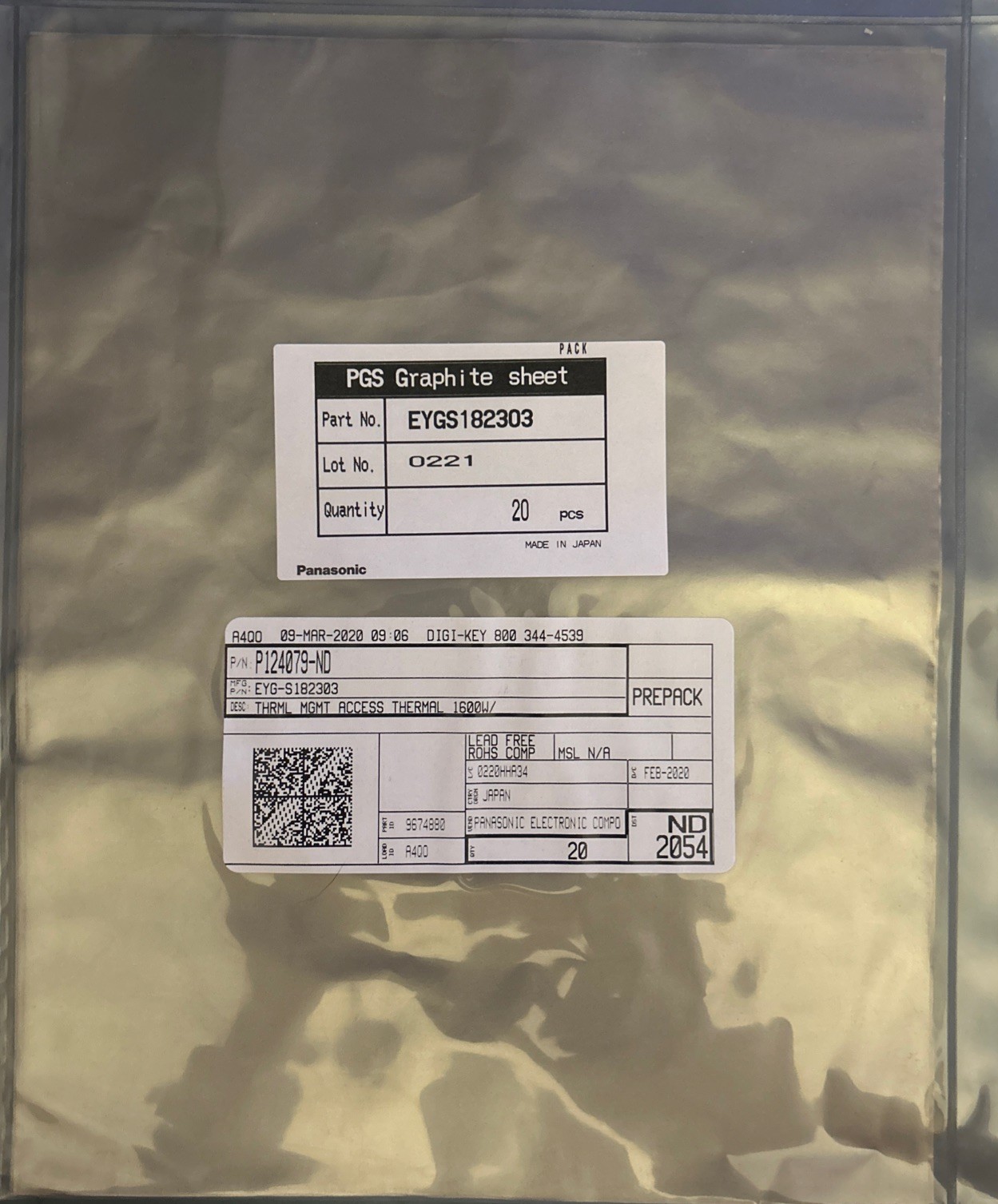 (20) Panasonic Pyrolytic Graphite Sheet pad 1600w .025 High Purity 180mm x230mm