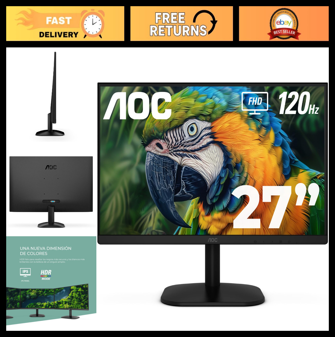 27" FHD Computer Monitor, 120Hz Fast IPS, HDR Gaming Display, Ultra Slim Design