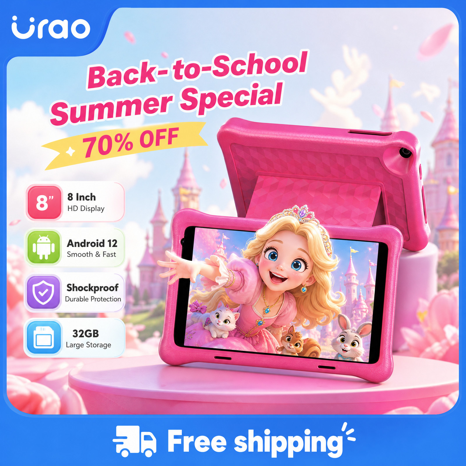Urao 8 Inch Kids Tablet Android 12 Wi-Fi 2GB+32GB HD IPS Touchscreen For Study