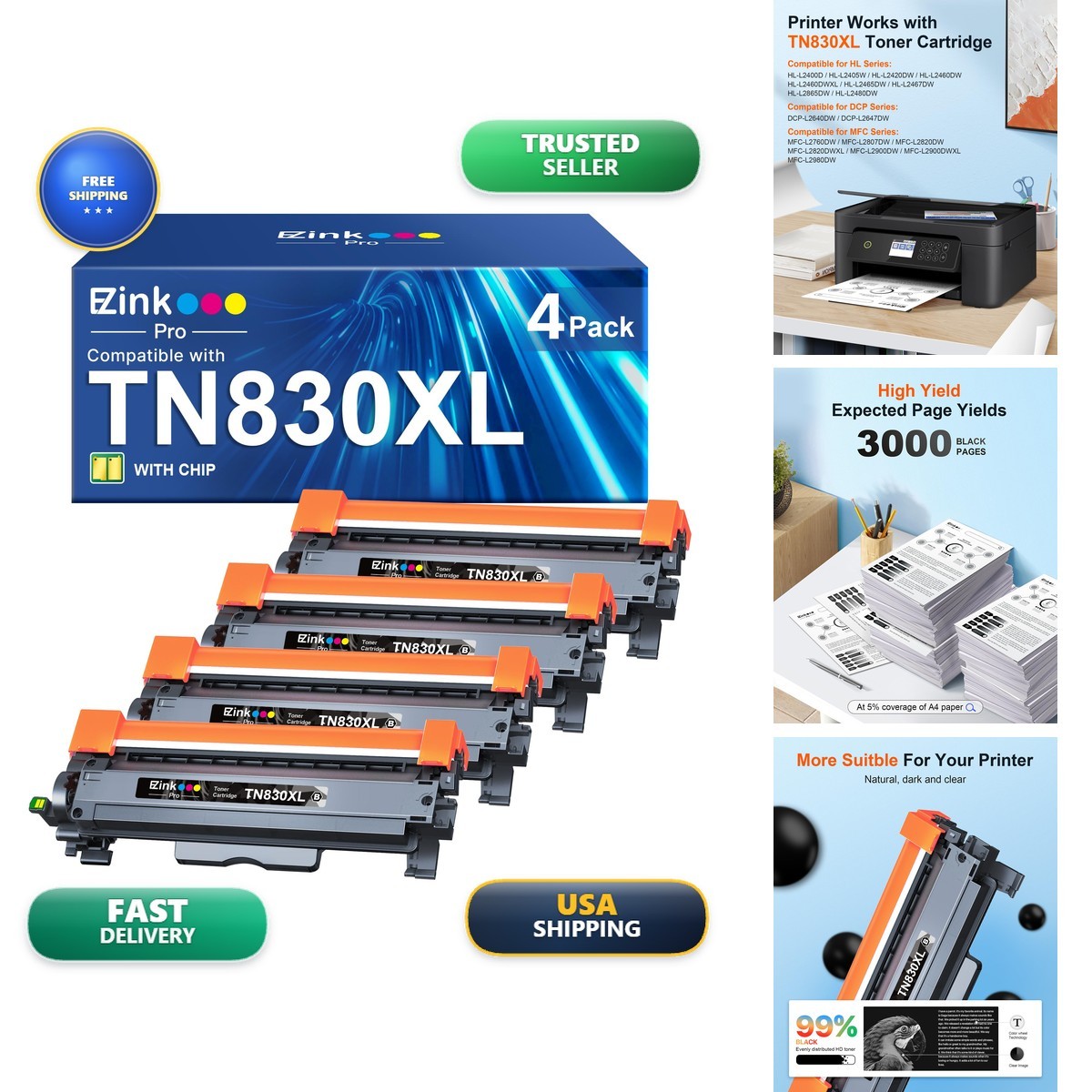 E-Z Ink Pro TN830XL Toner for Brother HL-L2460dw DCP-L2640DW HL-L2405W 4 Pack