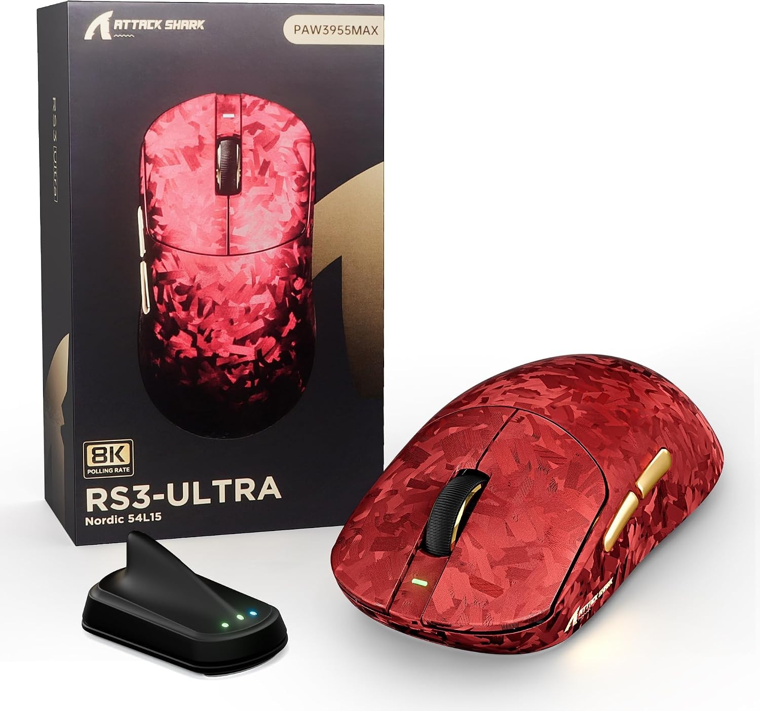 ATTACK SHARK RS3 Ultra 8K Carbon Fiber Wireless Gaming Mouse PAW3955MAX Red