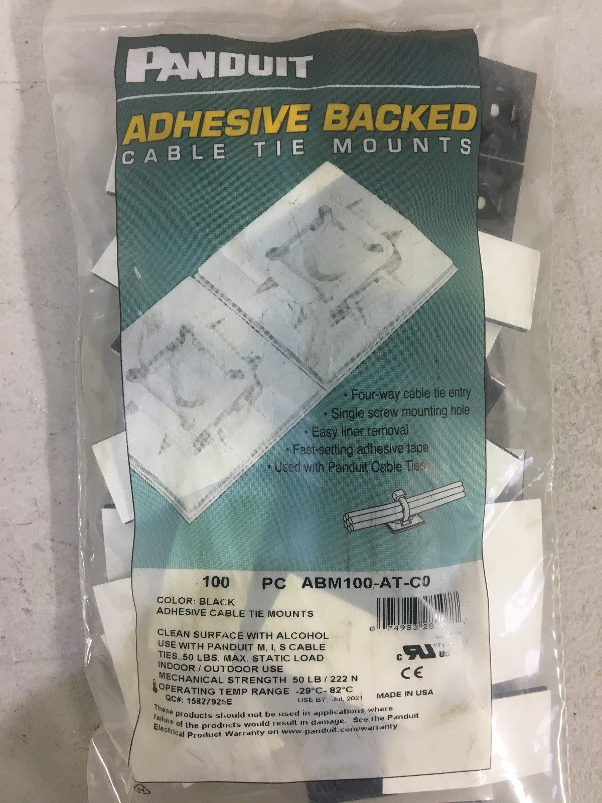 Panduit Adhesive Backed Cable Tie Mount ABM100-AT-C0 (Single Pack of 100pcs)