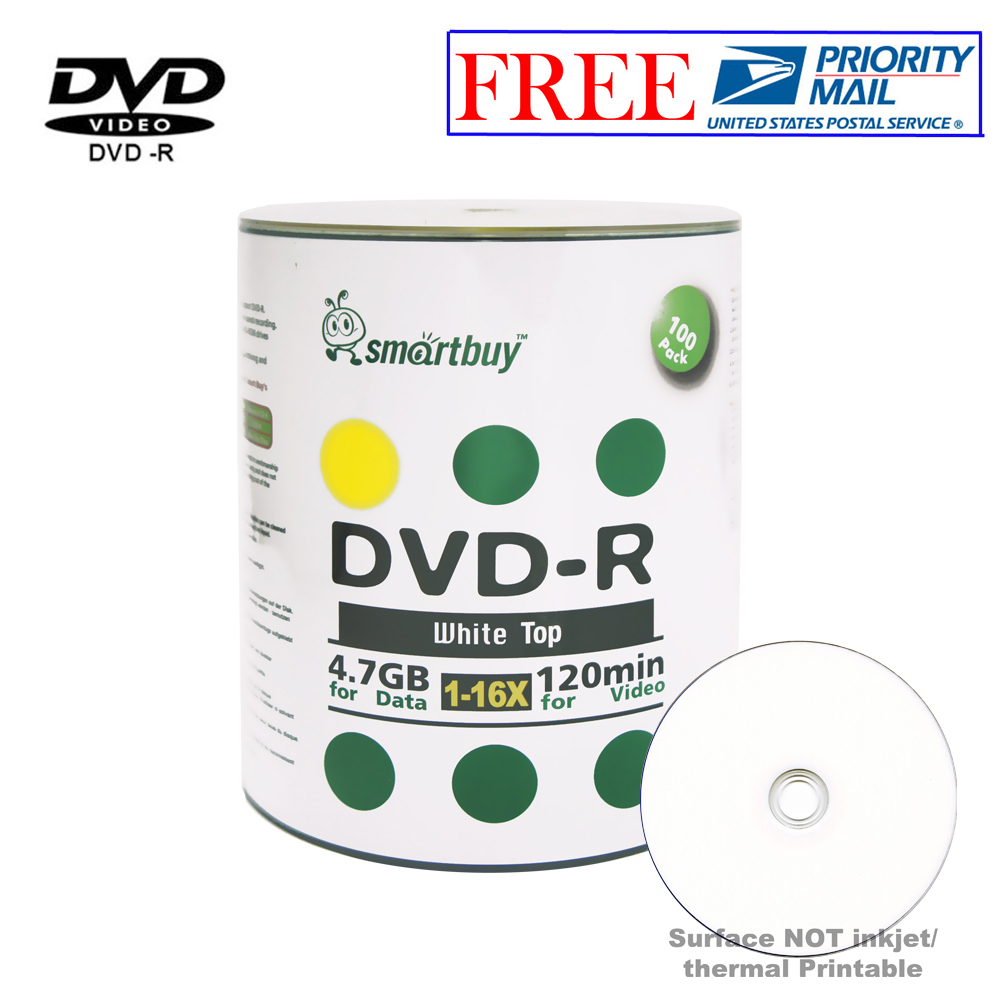 100-Pack Smartbuy Blank DVD-R DVDR 16X 4.7GB White Top Recordable Media Disc