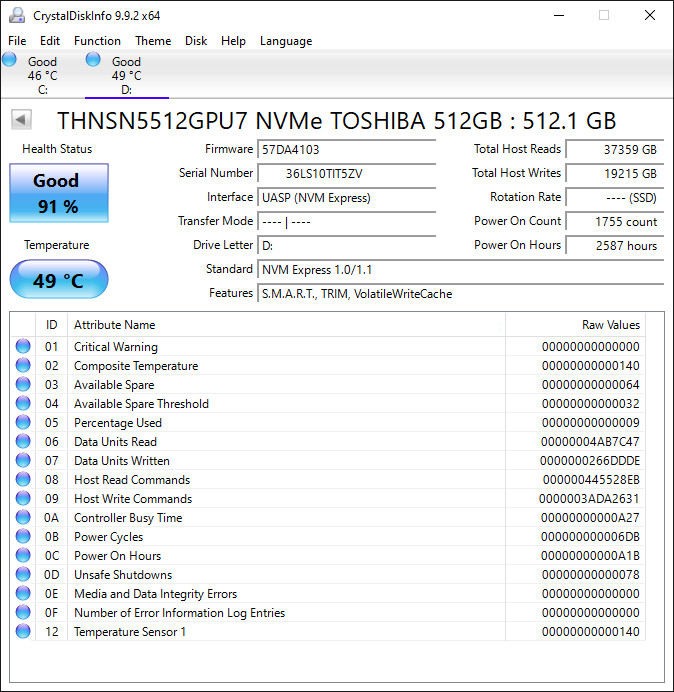 Toshiba THNSN5512GPU7 512GB NVMe SSD - Tested, 91% Health