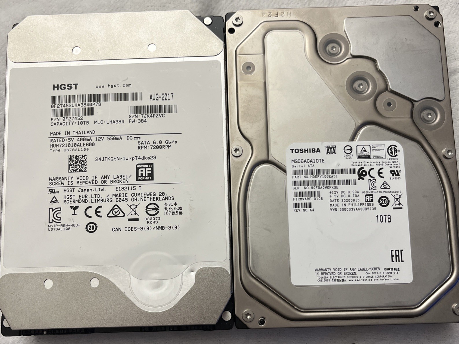 Lot Of 2 MIX BREND 10TB HGST /Toshiba 3.5" SATA/ATA HDD For PARTS ONLY NO WORK