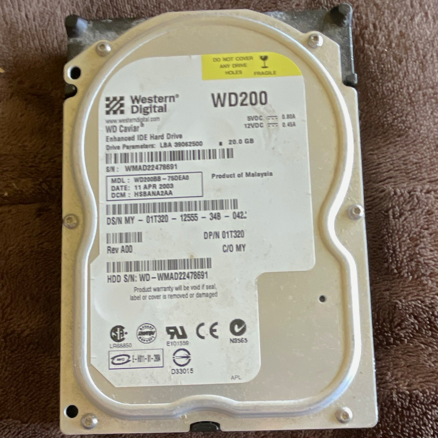 Western DigitalWDCaviar WD200BB WD200BB-75DEA0 20GB 3.5" IDE 7200RPM2MB UNTESTED