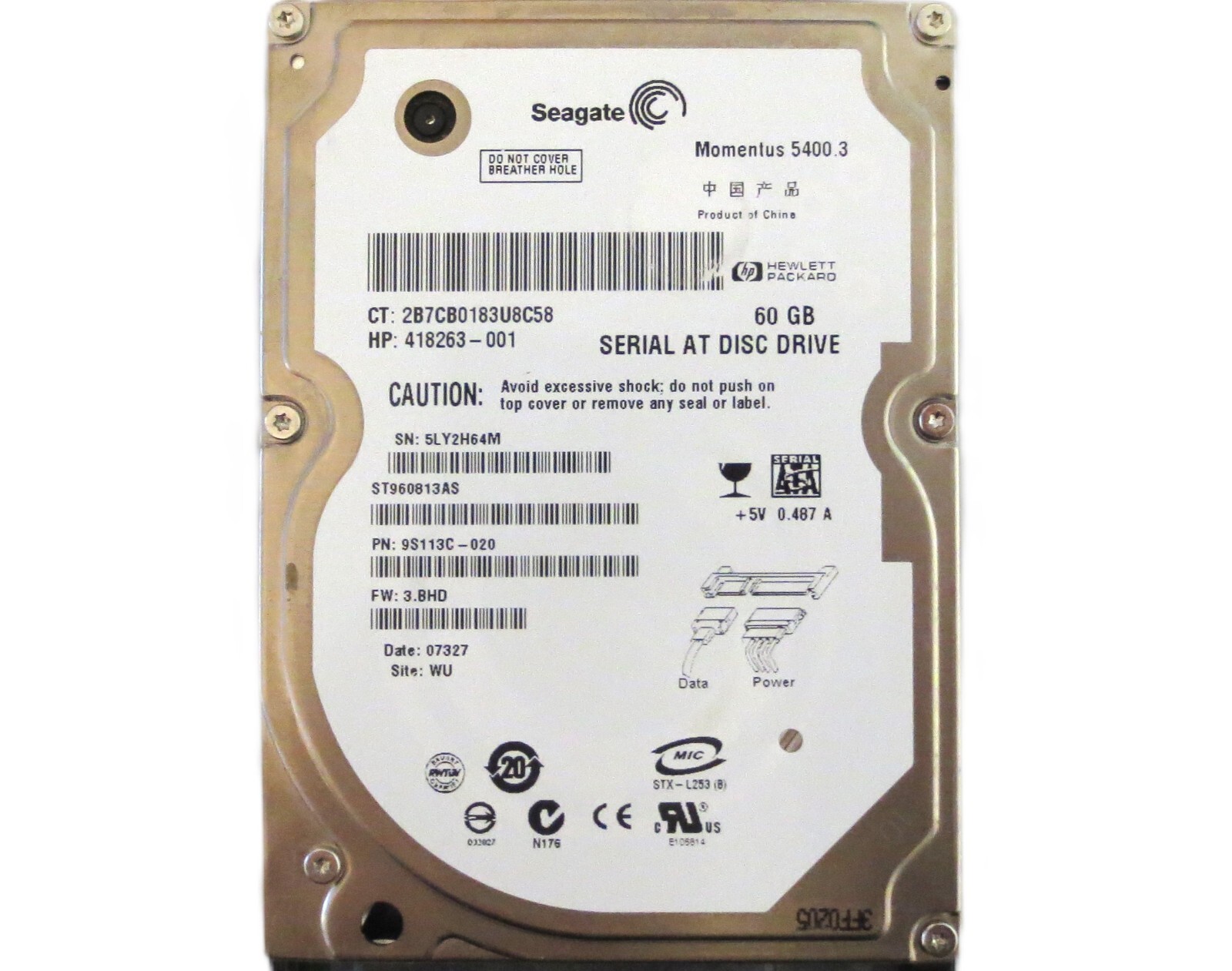 Seagate ST960813AS 9S113C-020 3.BHD (5LY) WU 60gb China 2.5" Sata HDD FEB/2007
