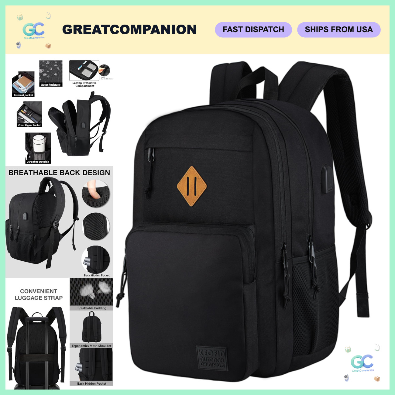 Anti-Theft Laptop Backpack with USB Charging, Water-Resistant Travel Bag for Col